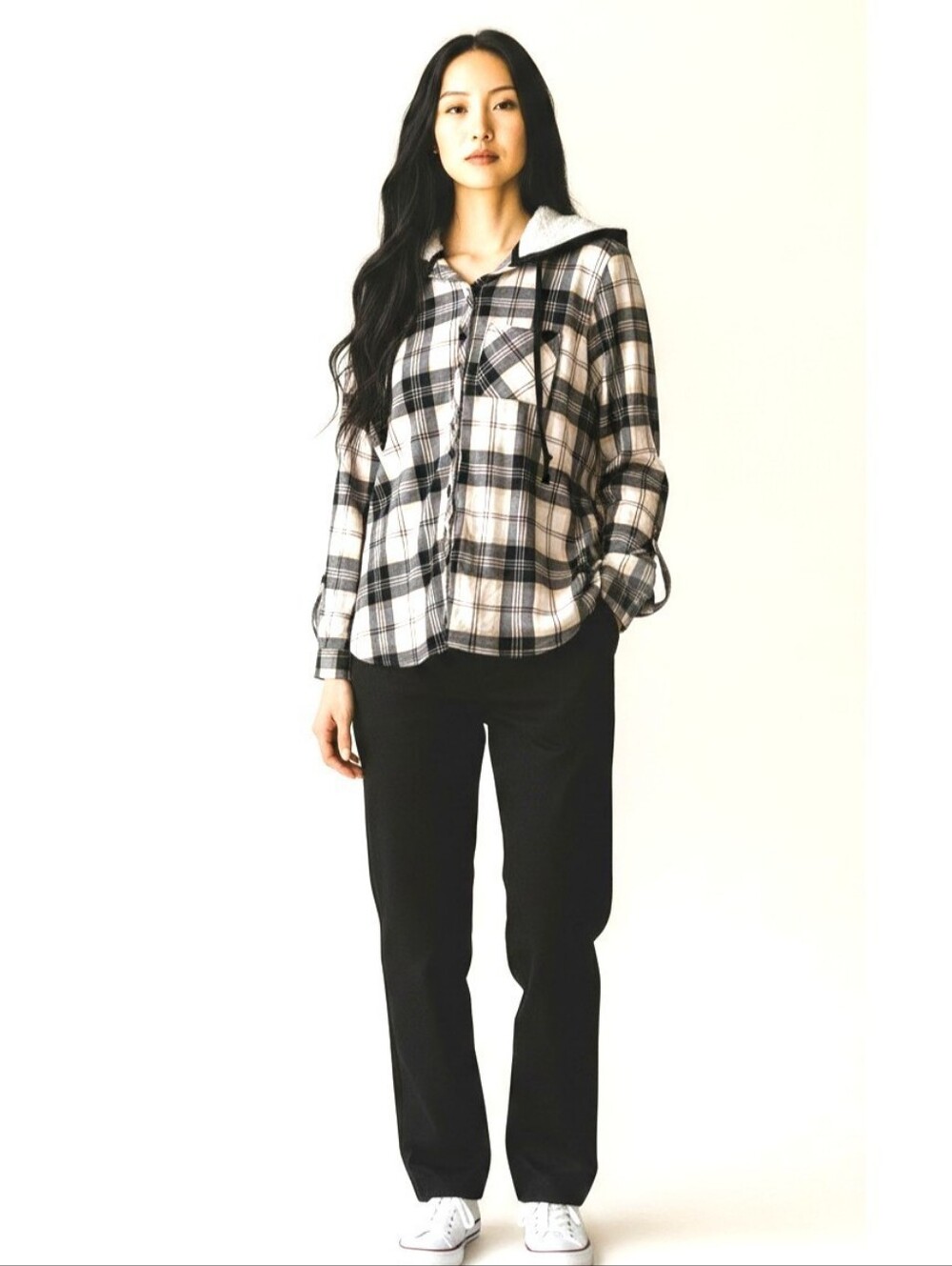 NO COMMENT PLUS Black/White Plaid Sherpa Hooded Button Front Shacket NWT Sz 1X